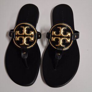 Tory Burch Metal Miller Soft Sandals Size 8 Perfect Black/Gold Gently Used